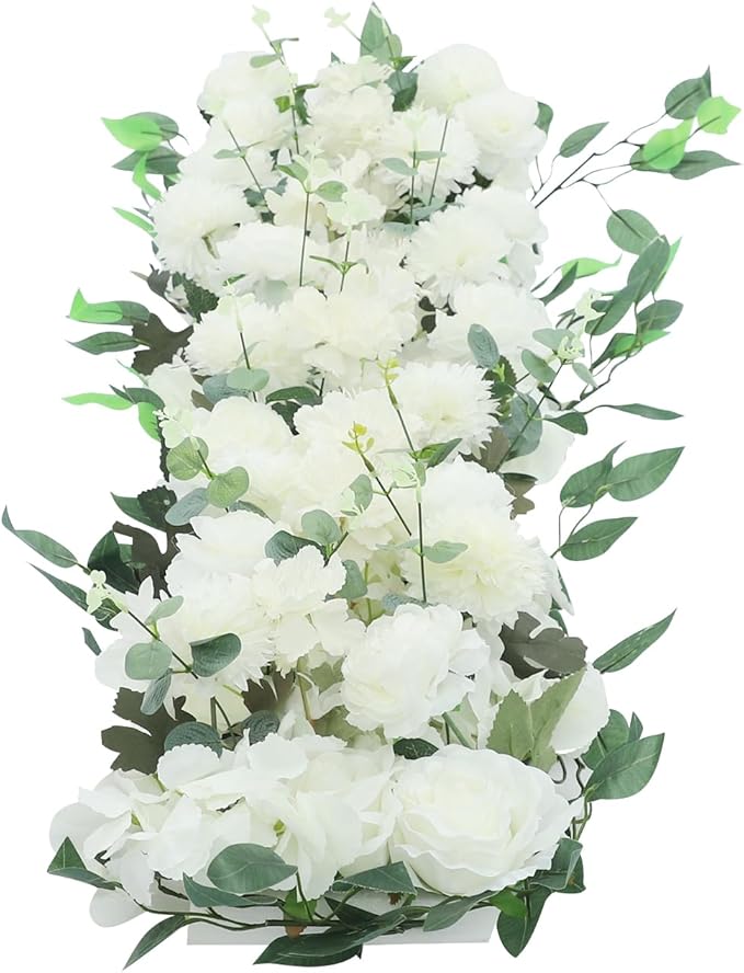 TFCFL Artificial Flowers Row, 39.5" X 12" Wedding Arch Faux Floral Swags, 3D Flower Panels Arrangement, DIY Wall Backdrop for Wedding Party Table Runner Decoration (White)