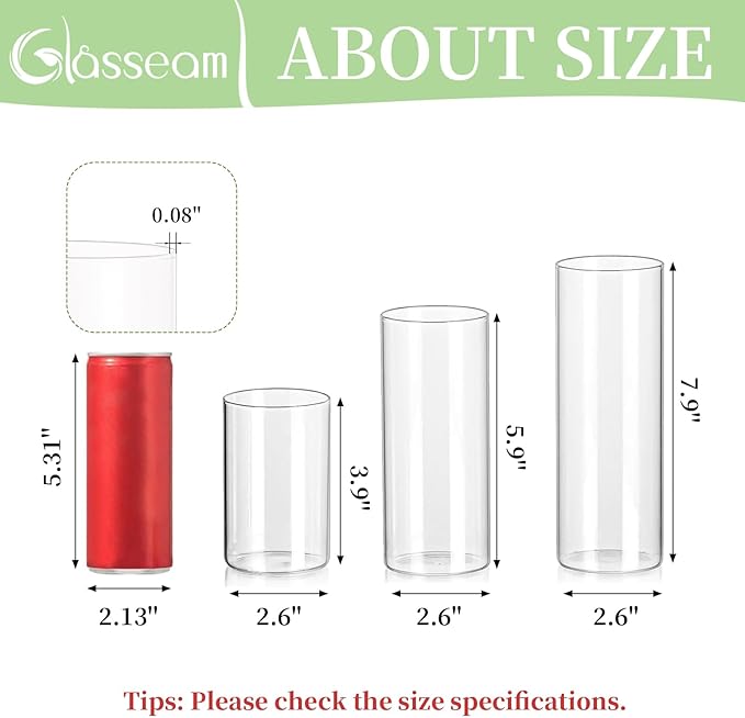 Glasseam Clear Glass Cylinder Vase, 6pcs Glass Vases for Centerpieces, Modern Floating Candle Vases for Flowers, Hurricane Vase Decor Candle Holders for Pillar Candles Wedding Decorations (4"/6"/8")