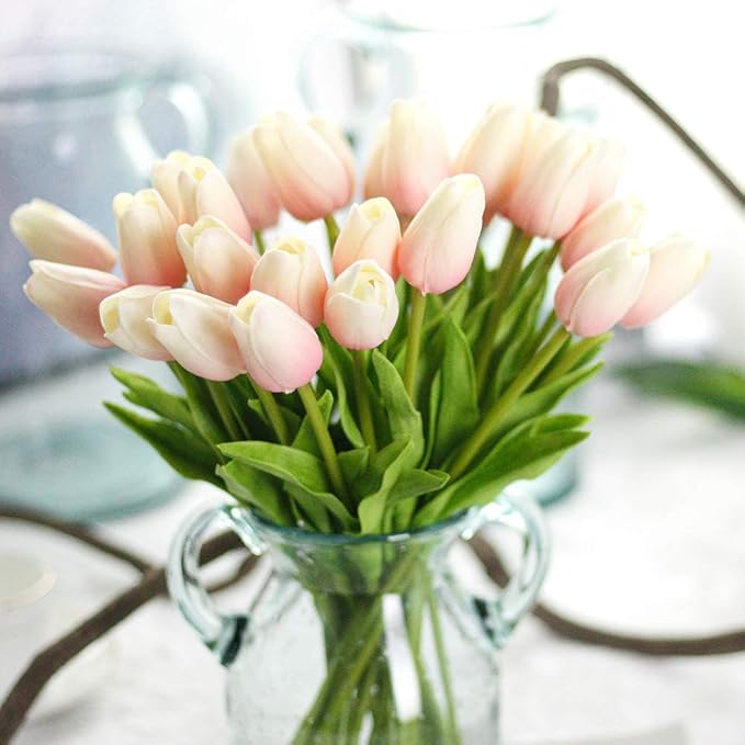 30pcs Artificial Tulips Flowers Real Touch Pink Tulips Fake Holland PU Tulip Bouquet Latex Flowers for Wedding Party Office Home Kitchen Decoration (Light Pink)