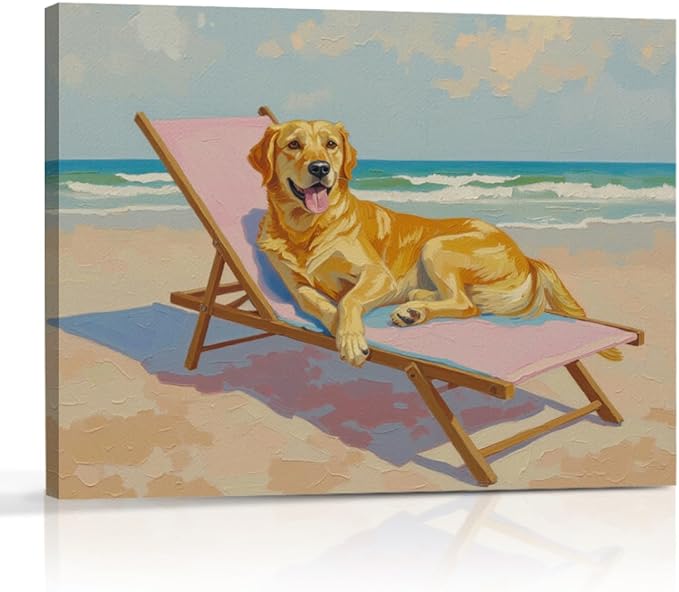 Pink Beach Chair Dog Decor Beach House Wall Decor Canvas Wall Art Framed Art Prints Artwork Posters for Home Living Room Bathroom Dog Mom Room Wall Decorations Paintings Pictures 14.5X11.5 Inch