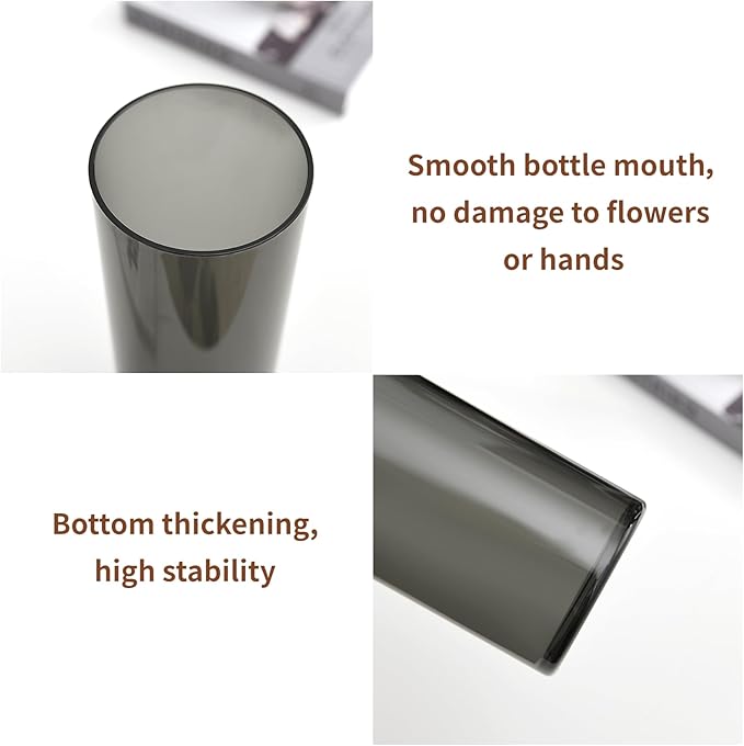 Flower Vase, Non-breakable Vases, 5" W x 8" H, Acrylic Grey Vase, Aesthetic Room Decor Cylindrical Modern Flower Vases for Table Centerpiece, Home Decor, Women Floral Arrangement Gift