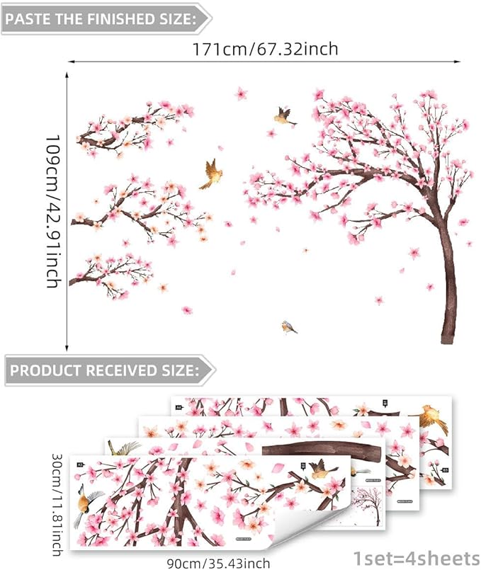 Pink Cherry Blossom Floral Birds Wall Decals Large Cherry Blossom Tree Branch Wall Stickers for Sofa TV Background Wall Decor Bedroom Living Room 67.32x42.91inch