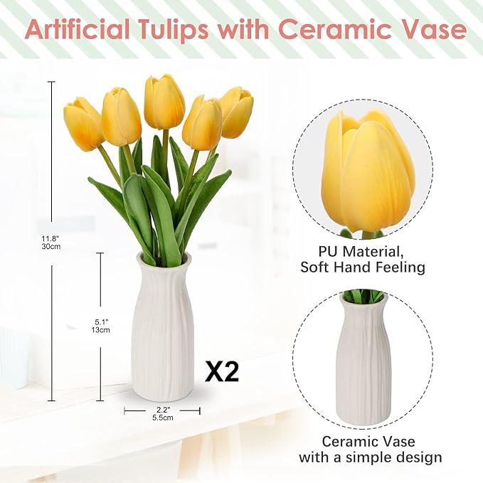 Briful 2 Packs Faux Flowers Artificial Tulips with Ceramic Vase, Poly Foam Yellow Tulips Real Touch Flower Arrangement for Home Kitchen Wedding Centerpiece Decoration
