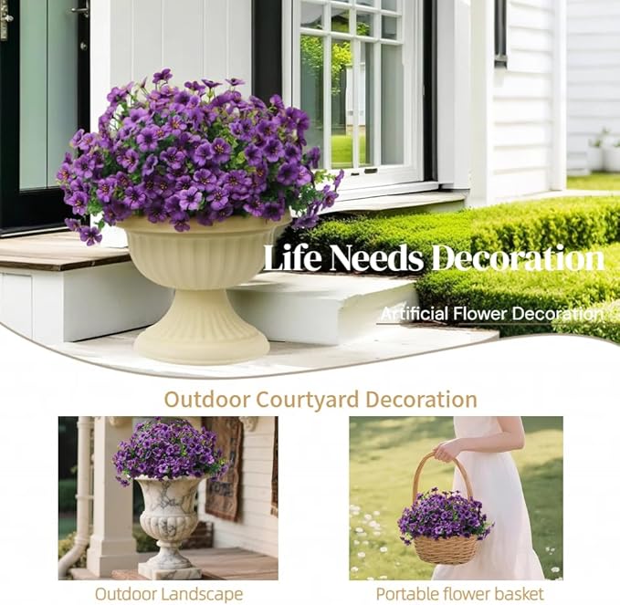 12 Bundles Artificial Flowers for Outdoor, UV Resistant Faux Mums with Eucalyptus Leaves Fake Plants for Outdoor Planters Greenery Boxwood Porch Patio Decoration