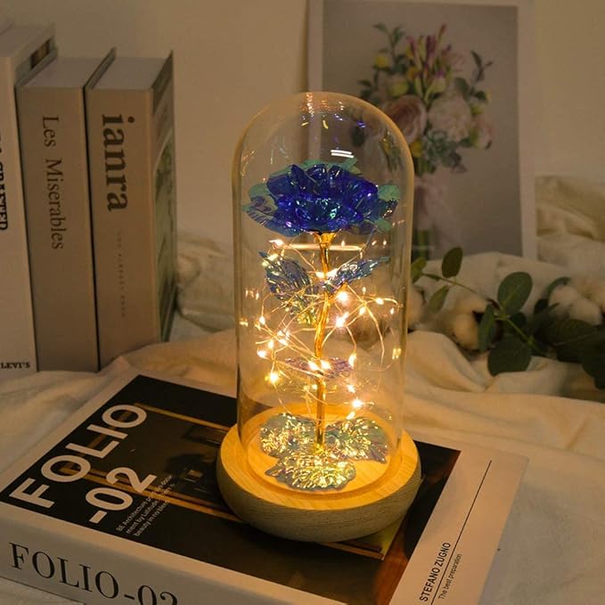 Beferr Mom Birthday Gifts for Women, Galaxy Glass Rose Forever Preserved Flowers for Delivery Prime Light Up Rose in Glass Dome Christmas Rose Gifts for Her Wife Daughter Friends, Blue