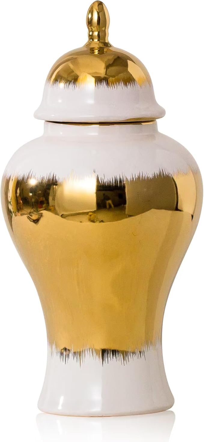 Ginger Jar, White Ceramic Ginger Jars Vase with Gold Trim, White and Gold Vases for Decor Kitchen, Bookshelf Decor, Table Center-Vase, Temple-Jar(12in