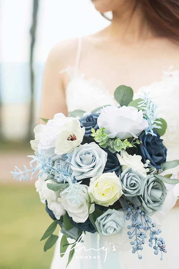 Ling's moment Dusty Blue Bridal Bouquet for Bride, Blue Wedding Bouquets for Bride, 13 Inch Silk Round Artificial Wedding Flowers Bouquets