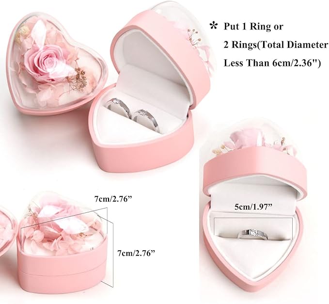 Preserved Flower Rose Ring Box, Heart Shape Velvet Jewelry Box for Valentine's Day Mother's Day Wedding Anniversary Birthday Gift, Pink