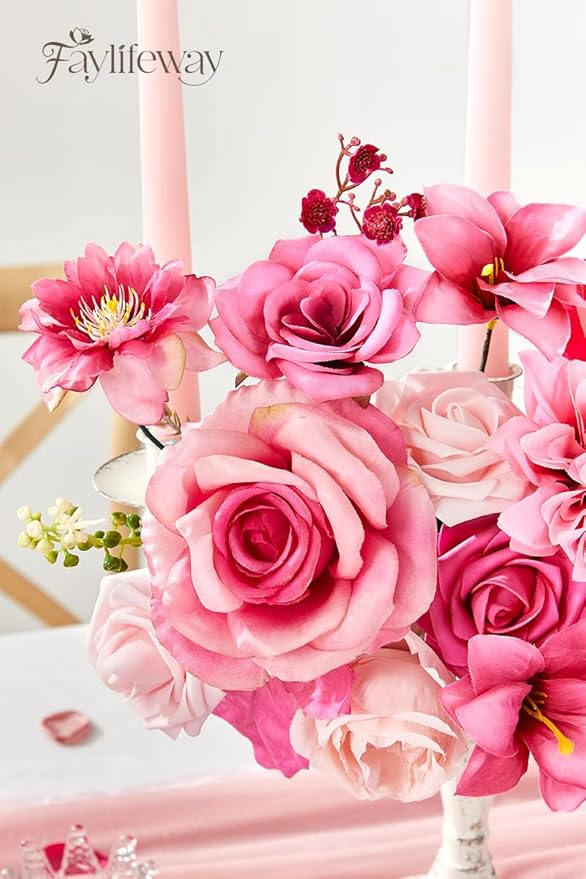 Artificial Flowers, Silk Hot Pink Flowers for DIY Wedding Bridal Bouquets, Fake Cake Flowers for Centerpieces,Baby Shower, Table Arrangement, Home Party Decorations