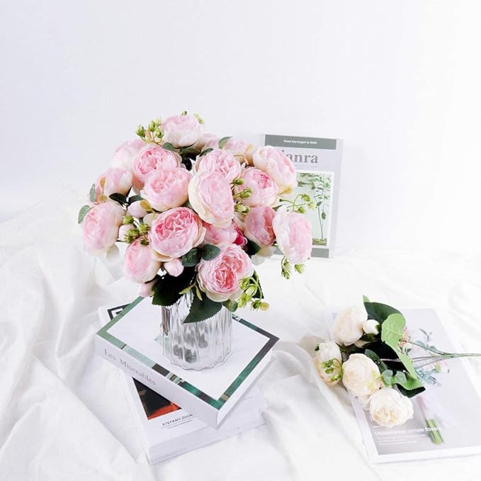 DEEMEI Artificial Peonies Flower Silk Peony Bouquet 4 Bundles Faux Persian Rose with Eucalyptus Leaves for Home Wedding Party Decoration (Light Pink)