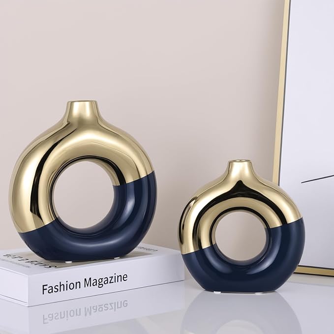Blue and Gold Vase Decor Donut Vase Set of 2 - Circle Hollow Vases, Modern Matte Ceramic Vases for Entryway Living Room Bedroom Dining Table Centerpiece Office Home Decor
