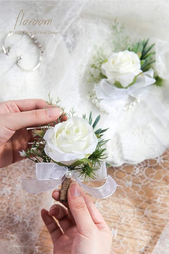 Floroom Ivory Rose Wrist Corsage Wristlet Band Bracelet and Men Boutonniere Set for White Wedding Flower Accessories Prom Suit Decorations