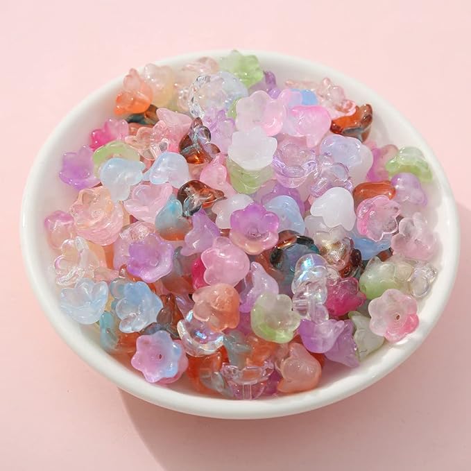LadayPoa 100pcs Glass Bellflower Beads for Jewelry Making Mixed Color Trumpet Flower Beads Gradient Clear Cute Beads for Bracelets Making Aesthetic Beads Charms for DIY Necklace Decoration Gifts