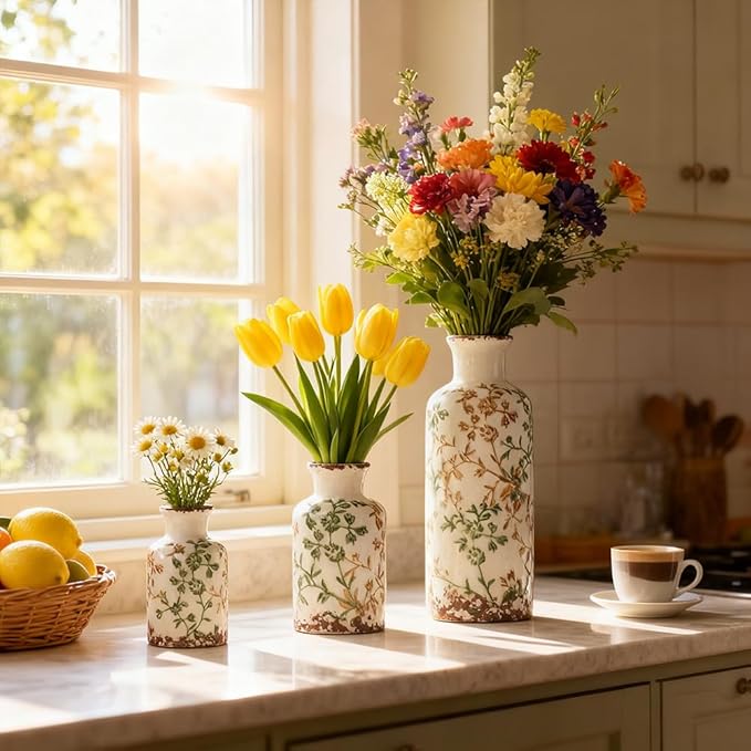 Farmhouse Ceramic Vase Set of 3 – Rustic Floral Pattern Decorative Vases for Home Decor, Vintage Country Style Table Centerpieces for Living Room, Shelf, Mantel & Entryway Decoration