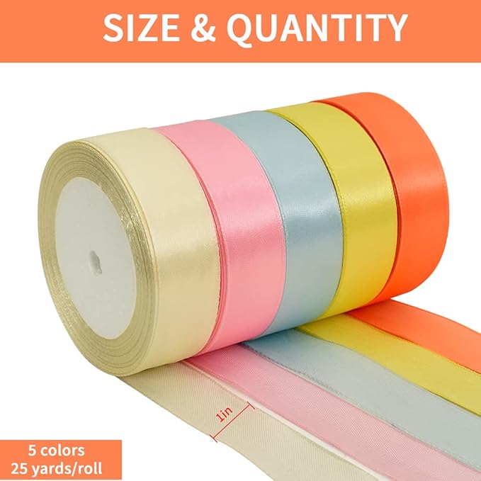 TONIFUL 1 Inch x 125 Yards 5 Colors Satin Ribbon Rolls, Light Rainbow Candy Macaron Color Fabric Ribbon for Gift Wrapping Embellish Wedding Birthday Party Decoration Bow Making Floral Craft Sewing