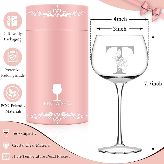Personalized Gifts for Women, Monogrammed A-Z Wine Glass Customized Gift, Unique Christmas Birthday Gifts for Women Her Mom Friend Sister Wife Daughter Nurse (T)