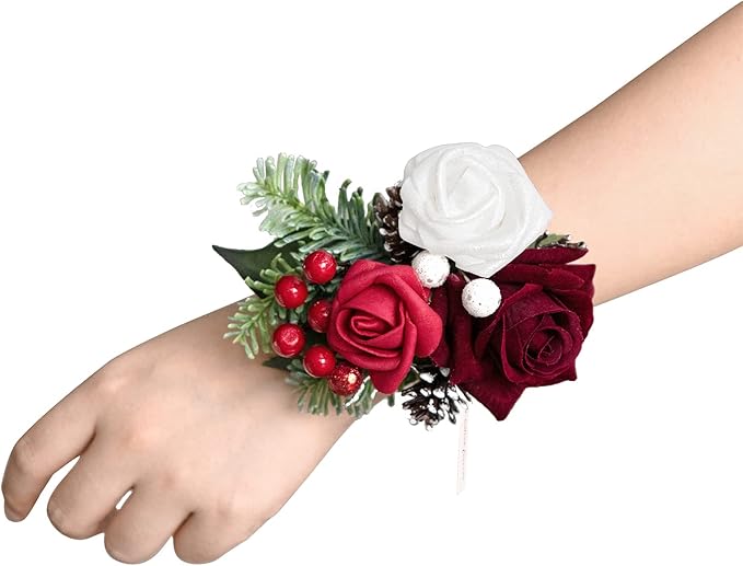Ling's moment 6pcs Wedding Wrist Corsage Artificial Flowers, Girl/Mother Homecoming Prom Corsages Wristlet Décor, etc. Christmas Red Berry