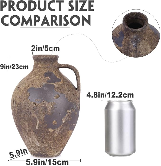 Wabi Sabi Decor Rustic Vase with Handle, Distressed Farmhouse Vase for Home Decor, Vintage Pottery Terracotta Vases for Home Decor, Living Room, Kitchen, Bedroom, Shelf, and Table Centerpiece