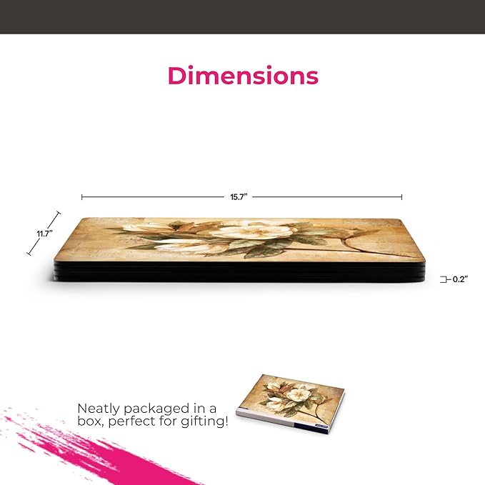 Pimpernel Sugar Magnolia Collection Placemats & Coasters (15.7" x 11.7") – Cork-Backed Boards with Lacquer Finish, Heat & Stain Resistant Dining Mats & Surface Protectors for Kitchen & Home Decor