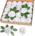 homEdge Artificial Rose, 25pcs Foam Artificial Flowers with Stem for Home Decorations, Wedding Bouquets, Party, Certerpieces, Anniversaries-White