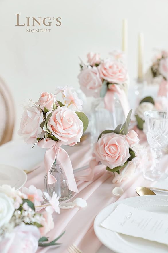 Ling's moment Artificial Flowers 16pcs Pale Pink Silk Roses with Stems, 3.5" Fake Shabby Blush Vendela Roses Bulk for DIY Wedding Bouquets Centerpieces Party Baby Shower Home Decoration