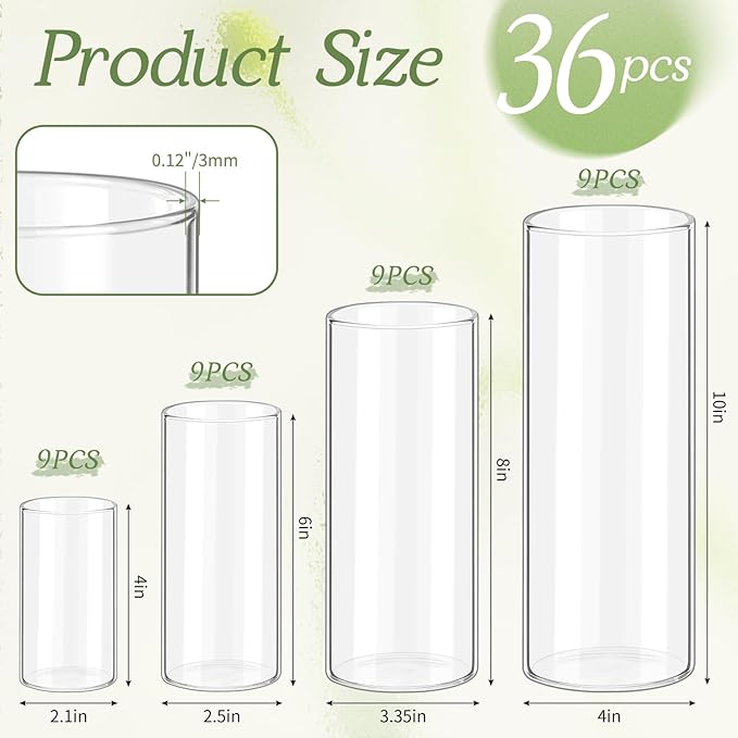36 Pack Glass Cylinder Vase 4, 6, 8, 10 Inch Tall Clear Vases for Centerpieces Flower Vases for Wedding Decorations Home Decor Dinners Party Event Floating Hurricane Candle Holder Vase