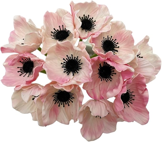 14Pcs Real Touch Anemone Poppy Bouquet for Artificial Flower Decor Kitchen Table Centerpiece Vase Home Greenery Wedding Holding Flowers Backdrop Arch Wall (Pink)