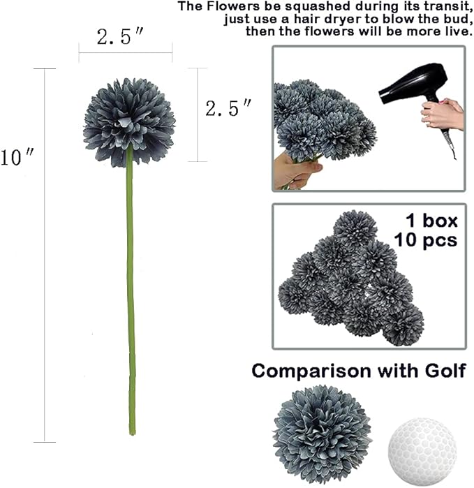 10Pcs Artificial Fake Flower Plants Silk Chrysanthemum Ball Hydrangea Arrangements Wedding Bouquets Decor Home Kitchen Garden Party Table Floral Centerpieces DIY (Gray)