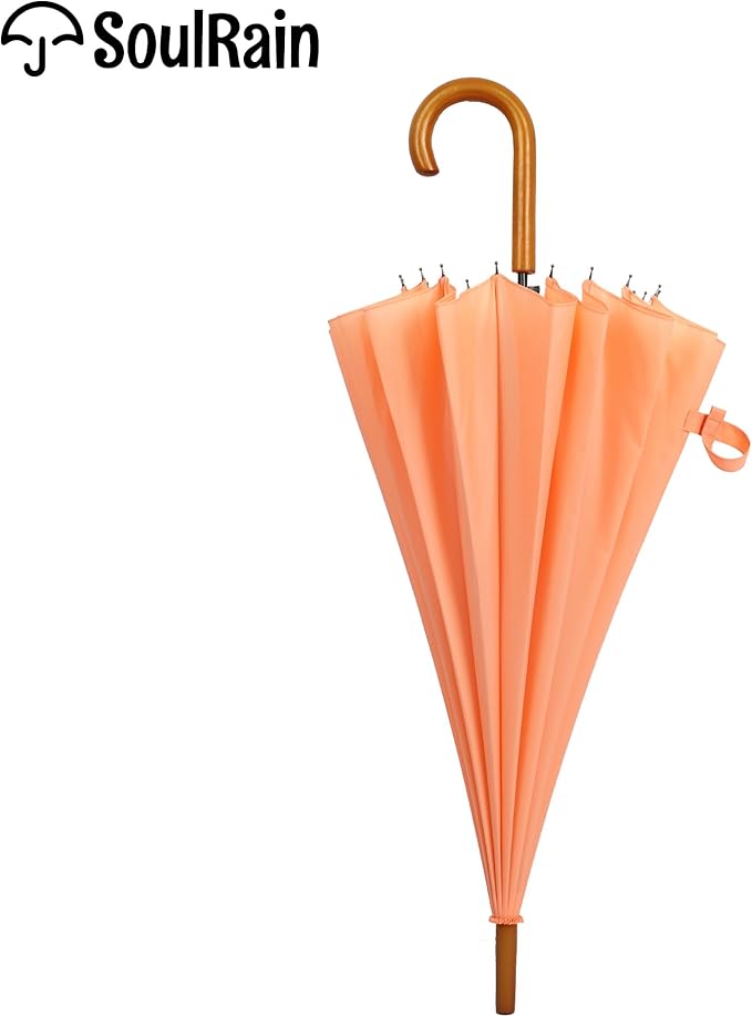 SoulRain 16 Ribs 48" Stick Umbrella Auto Open Solid Color Fashionable and Simple，Arc Classic Wood Handle，Windproof Unbreakable Stick Rain Umbrella