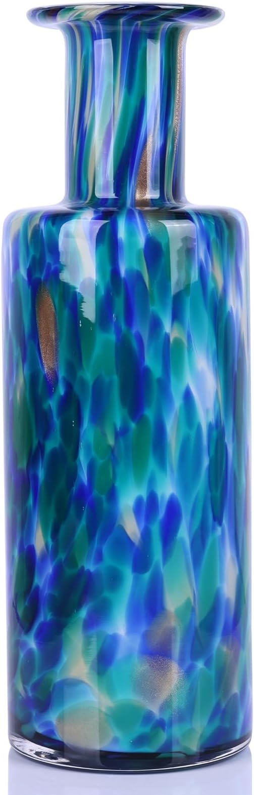 13" H Hand-Blown Glass Vase, Modern Art Glass Cylinder Vase, Green Glass Decorative Vase for Living Room Dining Table centerpieces, TV Console, Office, and Console Decor.