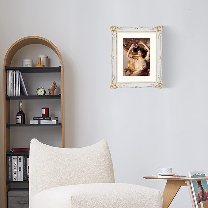 SIMON'S SHOP 11x14 Picture Frame Matted for 8x10 Photo, Vintage Style Poster Frames 11x14, White with Gold Accents Wall Mounting Gallery Wall Decor