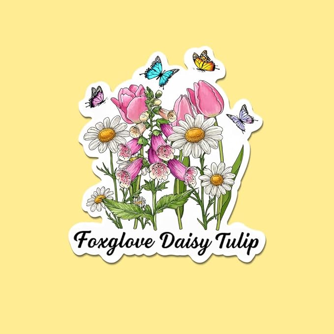 HANDICHI Design 5-Pack 3 Inch Foxglove Daisy Tulip Stickers – Floral Vinyl Decals, FDT Bumper Stickers, Waterproof Aesthetic Flower Sticker Pack for Laptops, Water Bottles, Journals