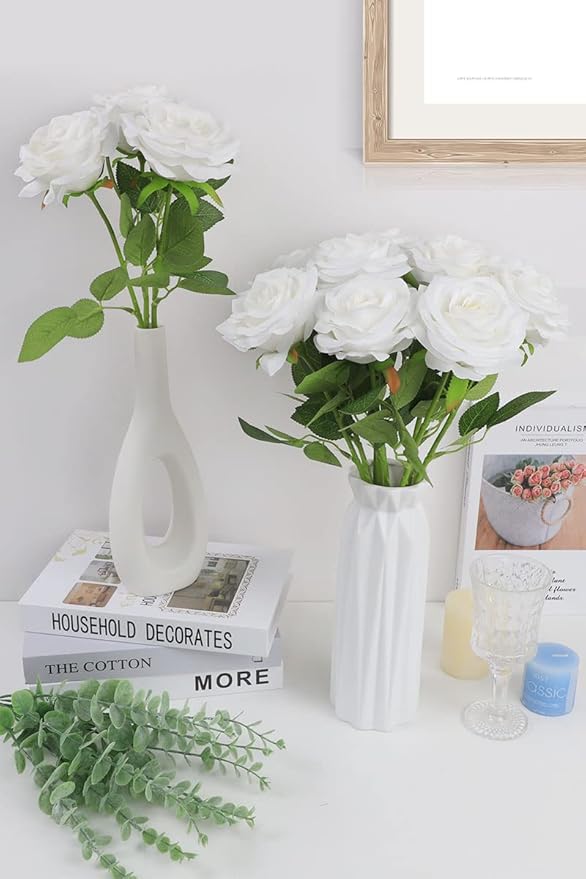 Artificial Rose Flower White Flowers White Roses Silk Flowers 12 pcs with Long Stem Silk Roses Bouquet for Wedding Bridal Shower Party Home Decoration