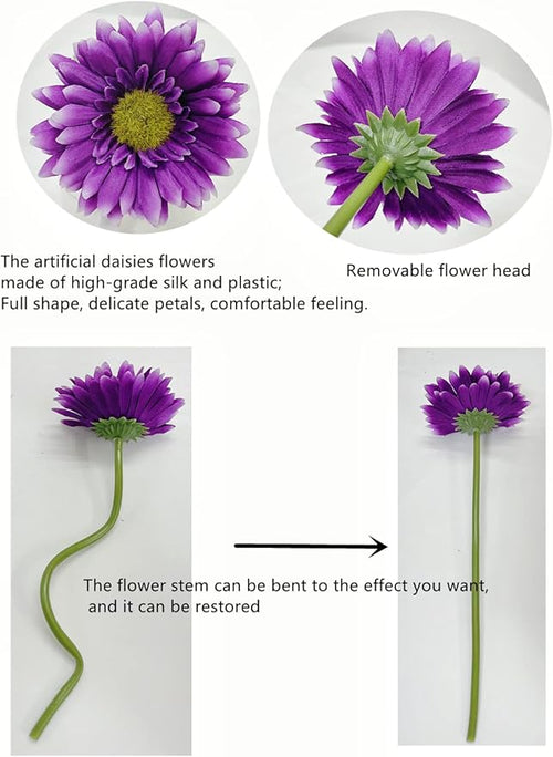 16PCS Purple Flowers Gerbera Daisy Silk Flowers Artificial Flowers Artificial Daisy Fake Flowers Bouquet for Wedding Bridal Bouquet Party Home Kitchen