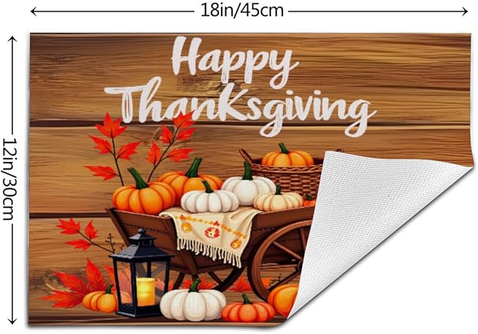 PVC Placemats Set of 1 Wipeable Table Mats Washable Heat Resistant Non Slip Vinyl Dining Table Mat for Kitchen Indoor Outdoor Patio Farmhouse Place Mats Thanksgiving Pumpkin Cart Decorative