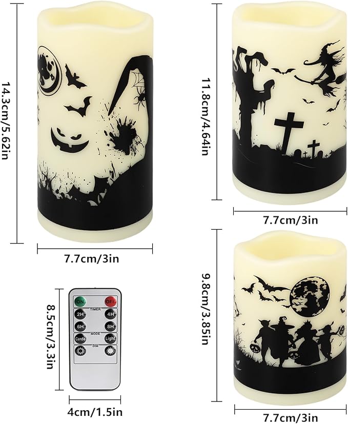 A Set of 6 Halloween-Themed LED flameless Candles, Featuring a timed Remote Control and Halloween-Themed Atmosphere Patterns, Perfect for Trick-or-Treating LED Candles，Halloween Spooky.