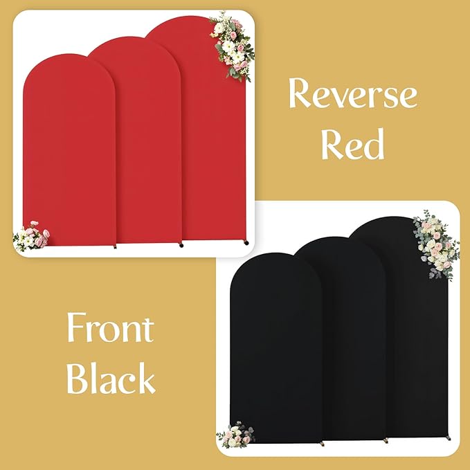 Black and Red Arch Backdrop Cover 8FT 7.2FT 6.6FT Arch Covers Stretchy Backdrop Set of 3, Wedding Arch Cover Spandex Fitted Double-Color Fabric Arch Covers for Party Baby Shower Birthday Decoration