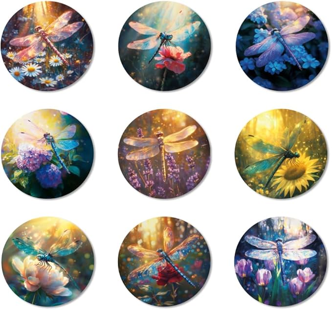 ANATTASOUL Coasters Set of 9 Fantasy Dragonfly Pattern Colorful Wooden Coasters Bulk Round Housewarming Gift for New Home, 3.9" Decorative Coffee Table Protection for Farmhouse Bar House Decor