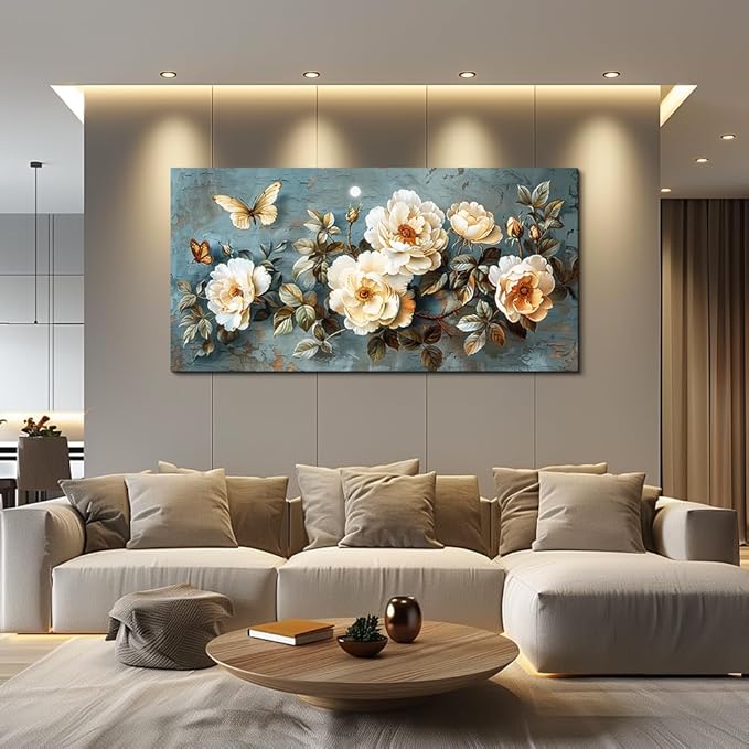 PHAOHUAXM Large Canvas Wall Art For Bedroom Wall Decorations For Living Room Office Decor Abstract Pictures White Flower Dining Room Painting Artwork Modern Framed Posters Home Decoration 24"x48"