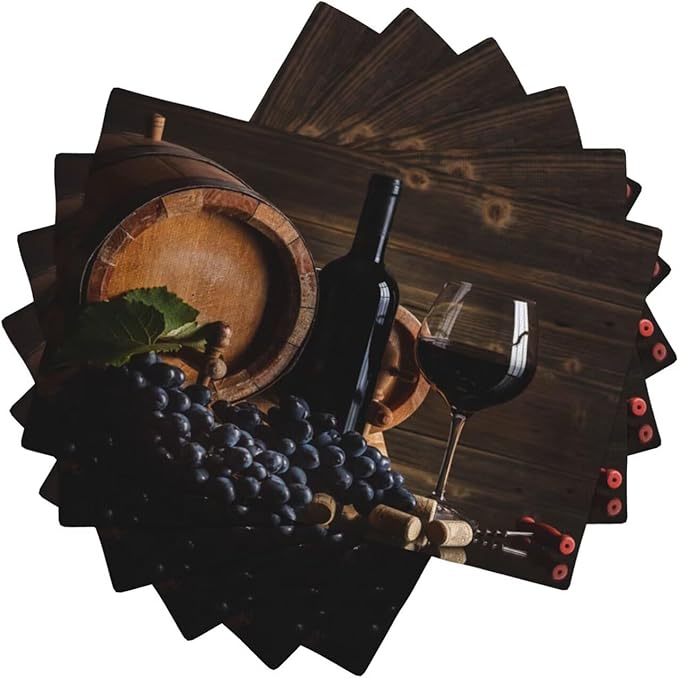 Red Wine Linen Placemats Set of 6 Vintage Wooden Wine Barrels Modern Art Placemat Indoor Outdoor Party Home Desktop Kitchen Dining Room Decoration 12x18 Inch