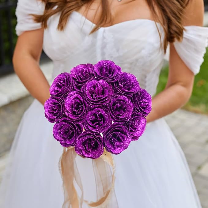 Glitter Roses Bouquet,30PCS Fake Purple Roses Glitter Flowers for Crafts Wedding Bouquet Party Christmas Home Decor(Dark Purple)