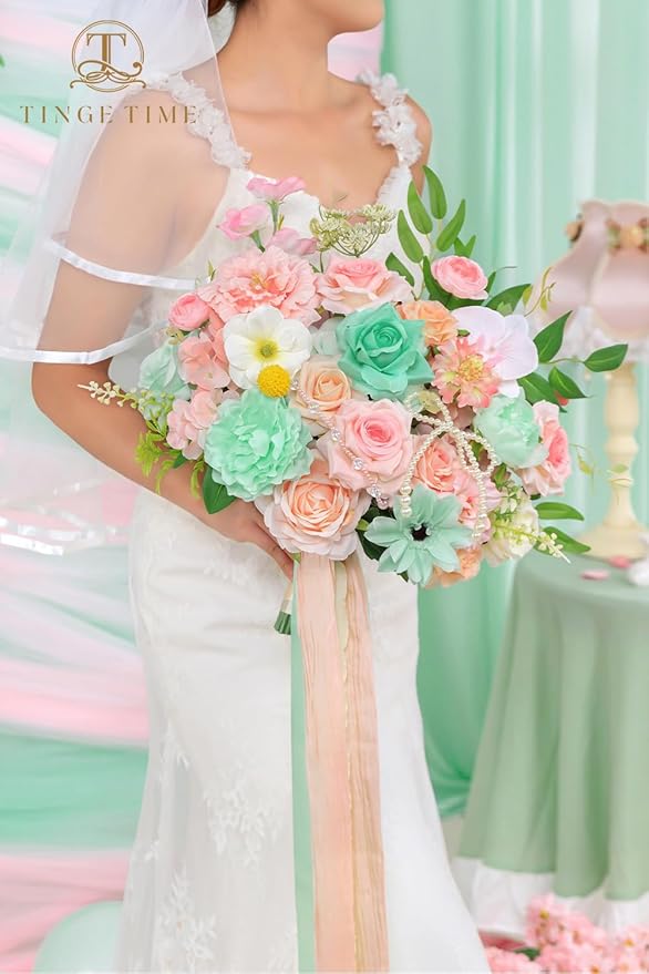 TINGE TIME 13 Inch Wedding Bouquets for Bride,Bridal Bouquet for Bride, Artificial Silk Flowers for Wedding Ceremony and Anniversary (Mint Green & Pink)