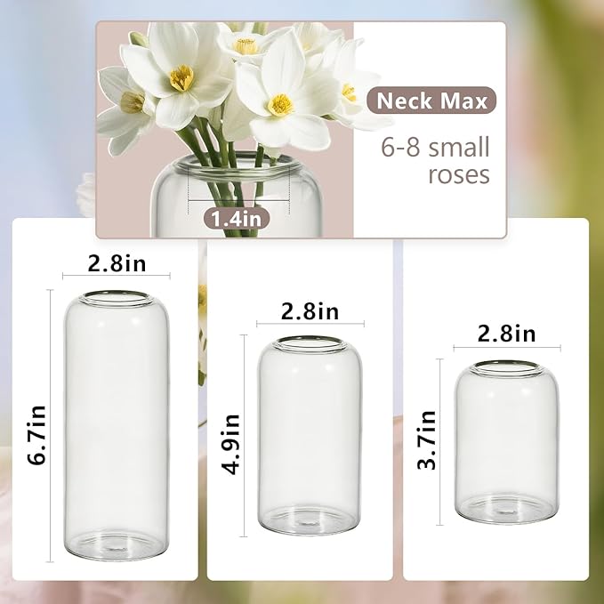 Glass Bud Vases Set of 48 Clear Flower Vase for Centerpieces Shelf, 3.9'' 4.9'' 6.7'' Modern Small Vases for Living Room Bedroom Office Home, Decor for Wedding House Warming Party