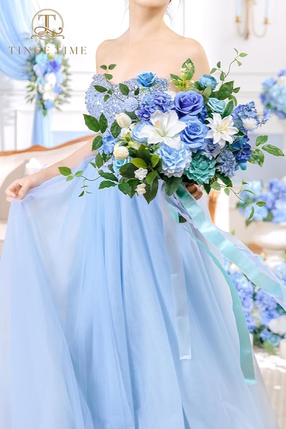 TINGE TIME 13 Inch Wedding Bouquets for Bride,Bridal Bouquet for Bride, Artificial Silk Flowers for Wedding Ceremony and Anniversary (Provence Blue)