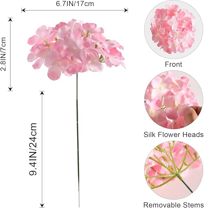 Veryhome 20Pcs Pink Hydrangea Artificial Flowers, Faux Hydrangea Flowers, Silk Flowers Heads with Stems, Fake Hydrangeas for Home Decor Wedding Party Centerpieces DIY Floral Arrangements