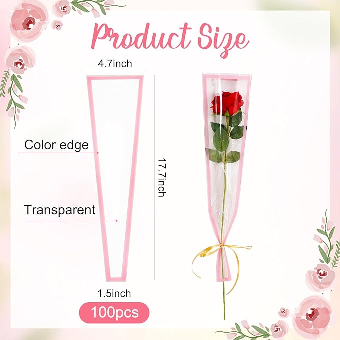 BEISHIDA 100 PCS Single Rose Sleeve Single Flower Wrapping Bags Single Rose Packaging Cellophane Flower Sleeves for Florist Bouquet Supplies, Mother's Day, Valentine's Day,Wedding Gift(White Edge)