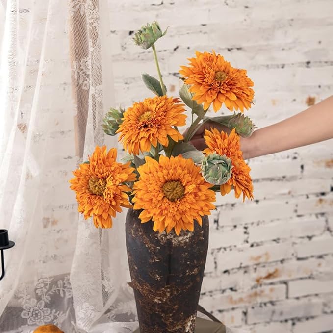 Kimura's Cabin 5Pcs Fake Sunflowers Flowers Long Stems Faux Sunflower Flowers Artificial Silk Bouquet for Wedding Autumn Home Garden Birthday Party Kitchen Table Decor (Orange Yellow)