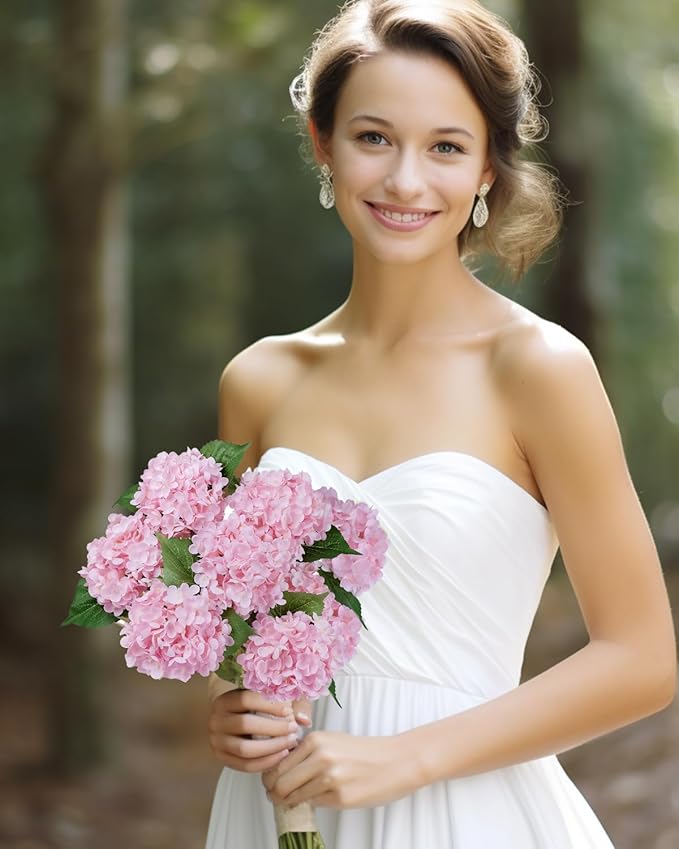 6PCS Premium Pink Hydrangea Artificial Silk Flowers, Lifelike Fake Hydrangea Head with Stems, Faux Floral Arrangements for Wedding Bouquets, Home Table Centerpieces, Party Decoration