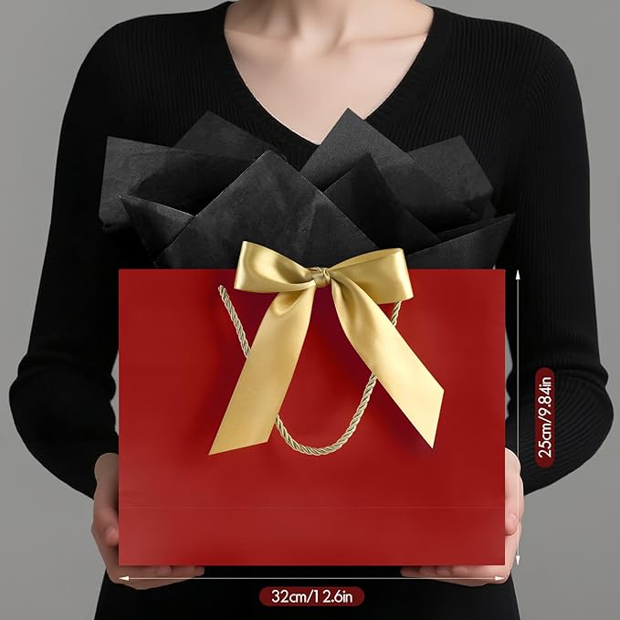 JMANNI 1PCS Large Gift Bag with Ribbon and 1 Greeting Card 2 Tissue Papers, Portable Paper Gift Bag with Handles, Birthday Gift Bags,Present Bags for Wedding Party,Mothers Day12.6" x 9.8" x 3.9"(Red)