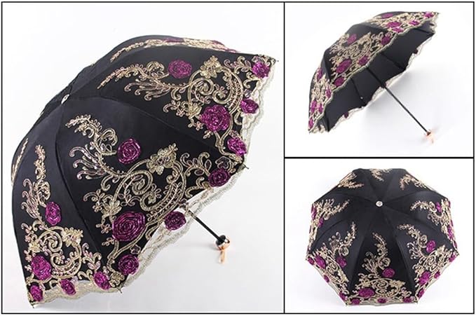 Katutude Vintage Lace Umbrella Floral Lace Parasol Wedding Bridal Umbrella Compact Lightweight Windproof Folding Umbrella UV Protection Sun Umbrella Portable Umbrella with Storage Bag